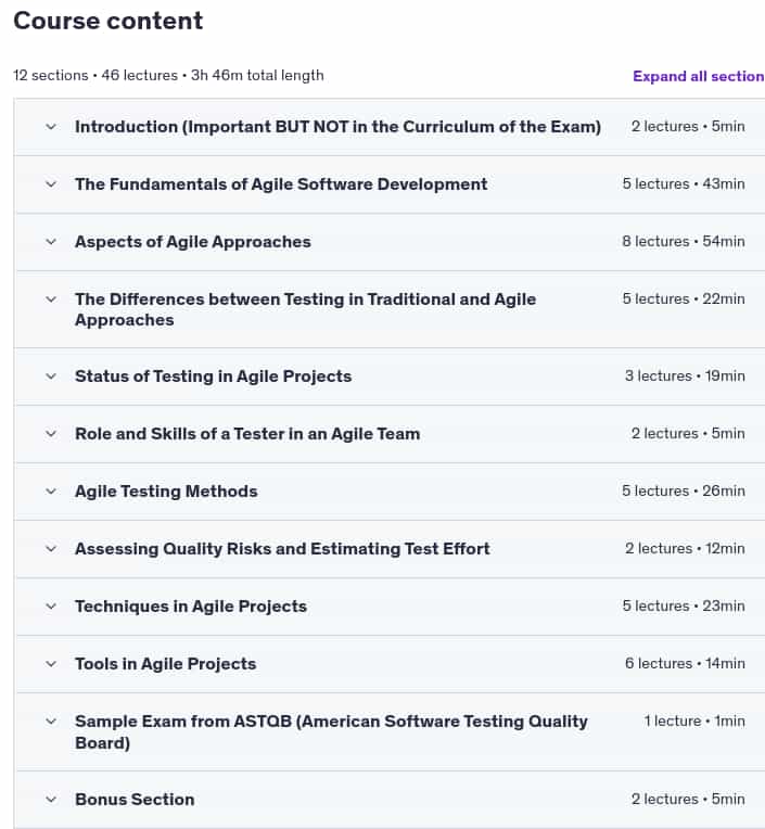 Course topics · Udemy — ISTQB® Agile Tester Foundation Certification 2024-11