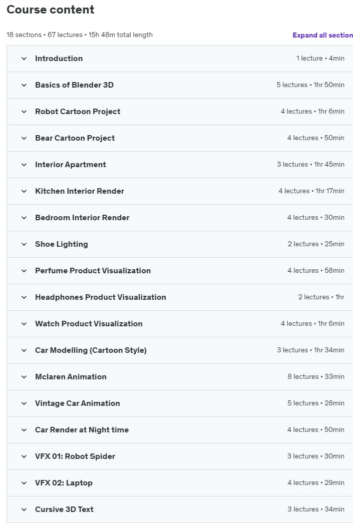 Course topics · Blender 3D Full Course (Project Based) 2023-7