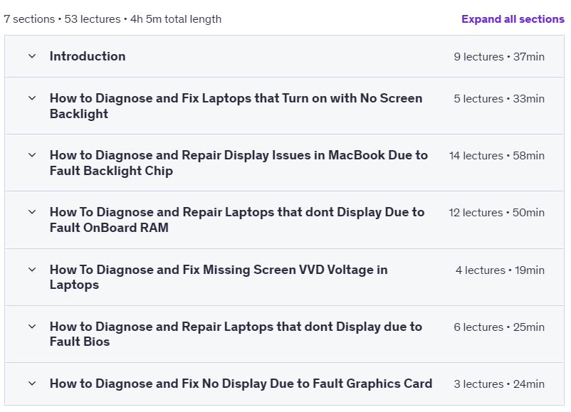 Course topics · Chiplevel Laptop Display Repair Course: Fix No Screen Issues 2025-1