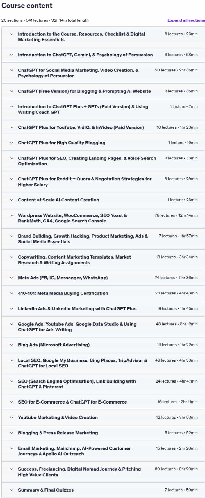 Course topics · Udemy — The ChatGPT, SEO, Social Media, & Digital Marketing Course 2025-7