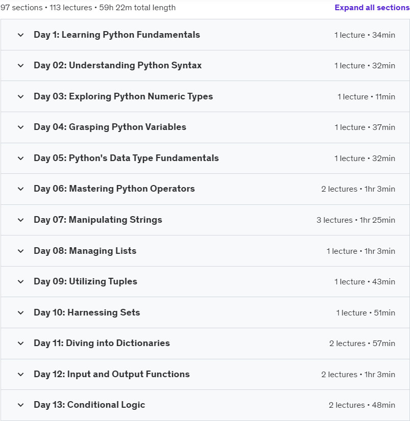 Course topics · Udemy — Python with Machine Learning: 100 Days of Coding like a Pro 2023-9