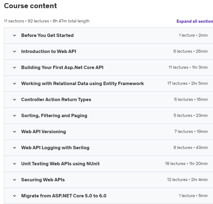 Course topics · Udemy — ASP.NET CORE WEB API | The Complete Guide 2021-10