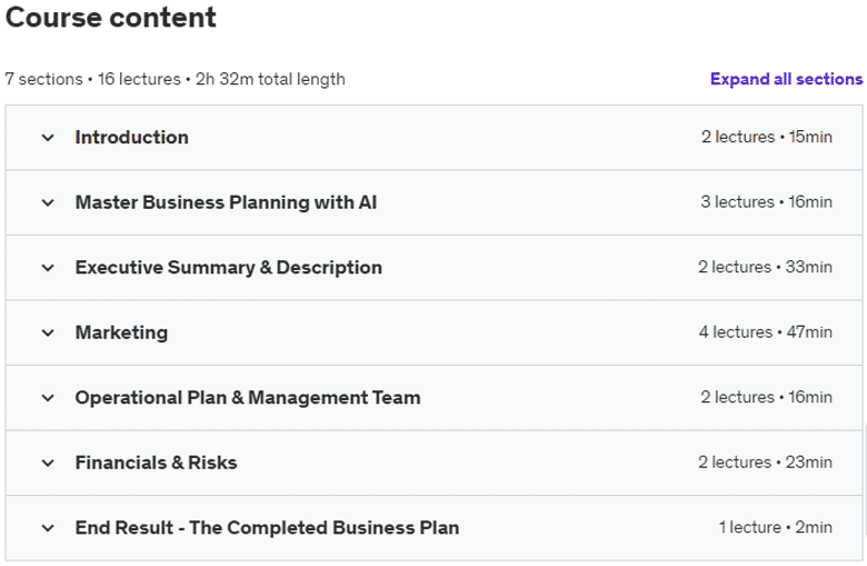 Course topics · Udemy — How To Write Your Business Plan (in One Day} With ChatGPT 2023-9