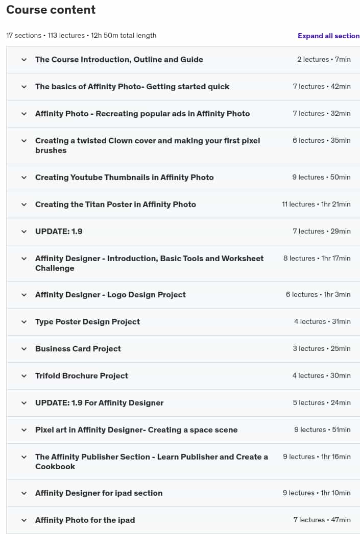 Course topics · Learn the Entire Affinity Suite: Photo, Designer & Publisher 2022-9