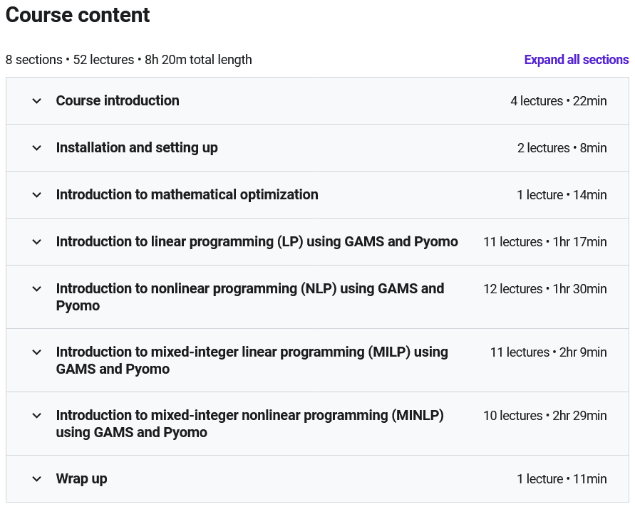 Course topics · Udemy — Mathematical Optimization with GAMS and Pyomo (Python) 2021-6