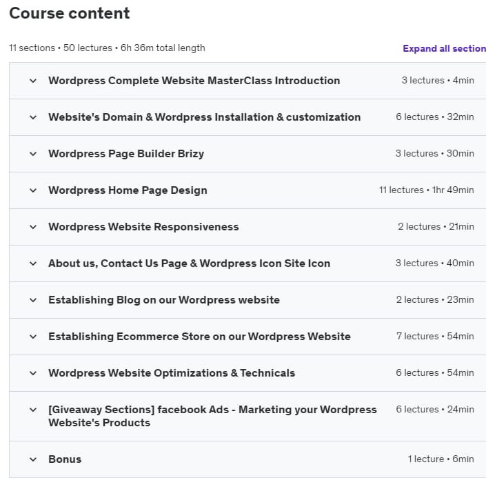Course topics · Udemy — WordPress Complete Website MasterClass – WordPress Made Easy 2020-7