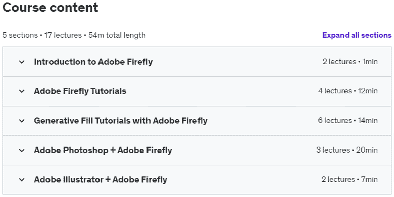 Course topics · Udemy — Adobe Firefly: A Guide to AI Art, Generative AI, Photoshop 2023-6