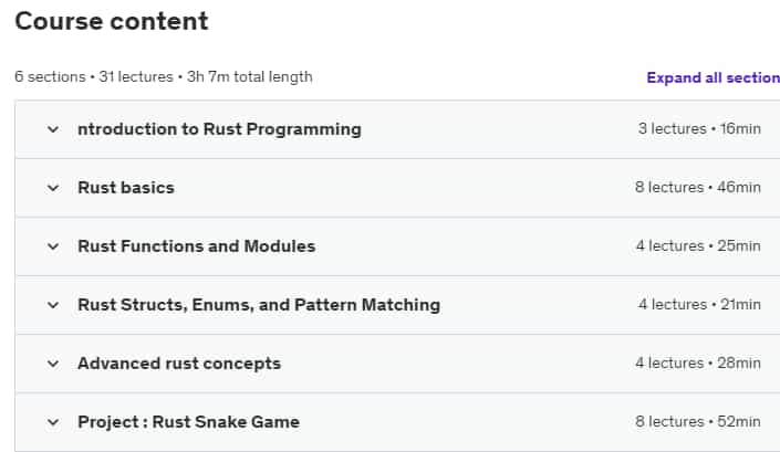 Course topics · Udemy — Mastering Rust: Building Safe and Efficient Software 2024-4