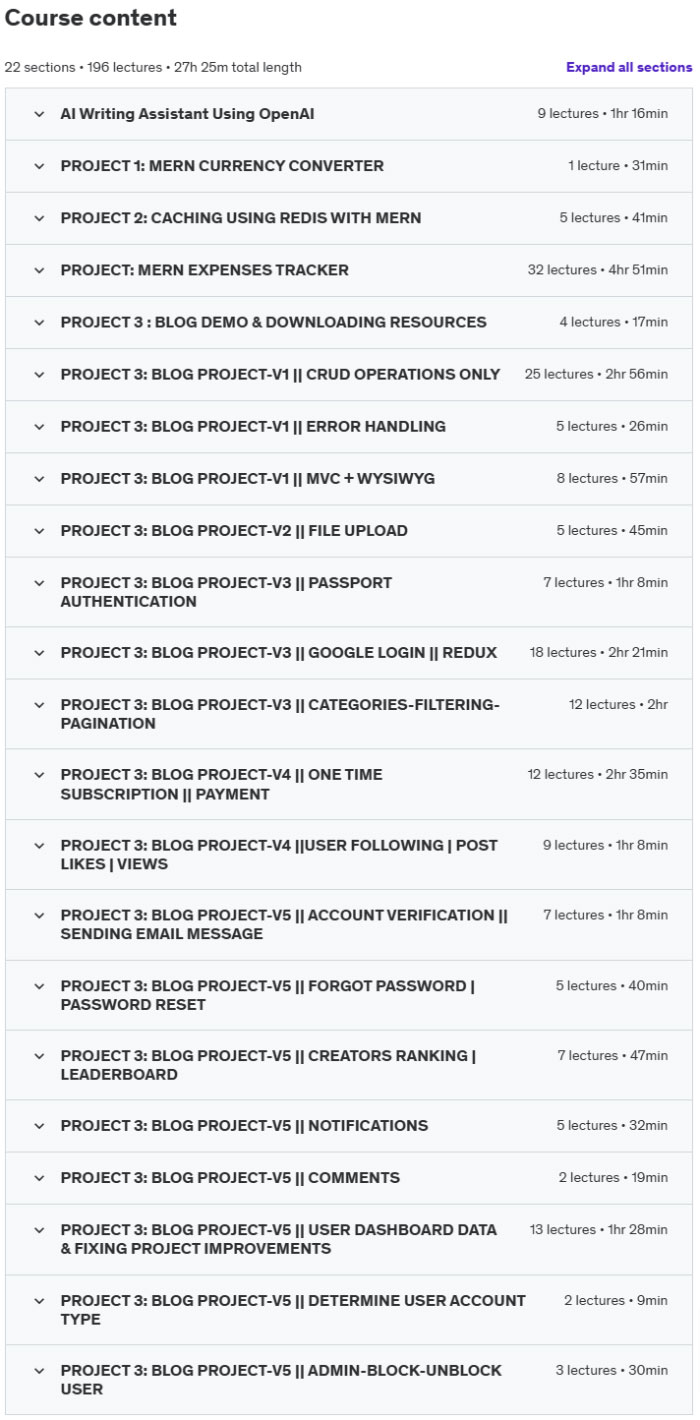 Course topics · Udemy — MERN stack projects Based Course Completely Redone 2024-8