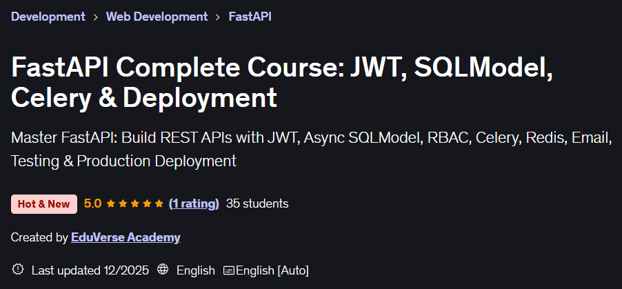 चित्र · FastAPI पूर्ण पाठ्यक्रम: JWT, SQLModel, गति और तैनात 2025-11