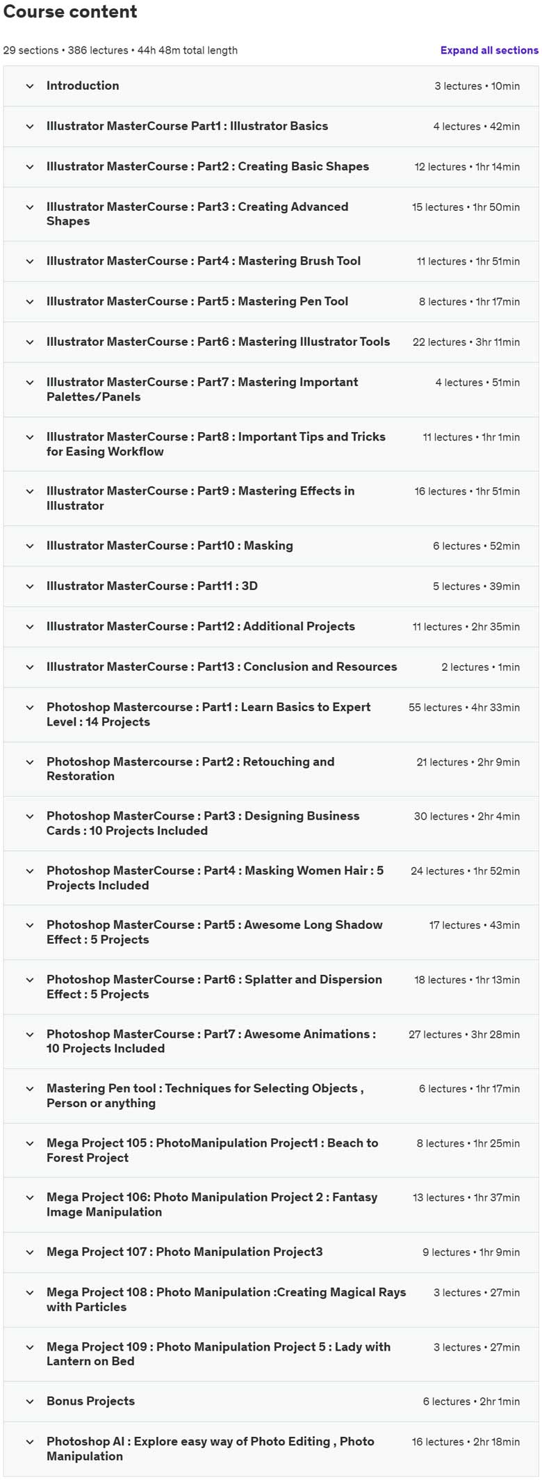 Course topics · Photoshop and Illustrator MasterCourse : 120+ Projects 2024-7/2025-3