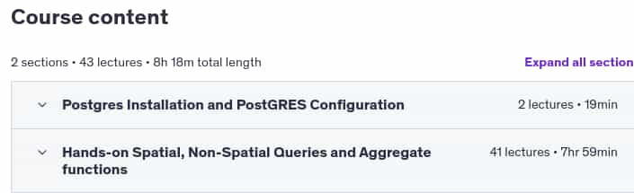 Course topics · Udemy — A Comprehensive Guide to PostGIS and Spatial Queries 2023-7