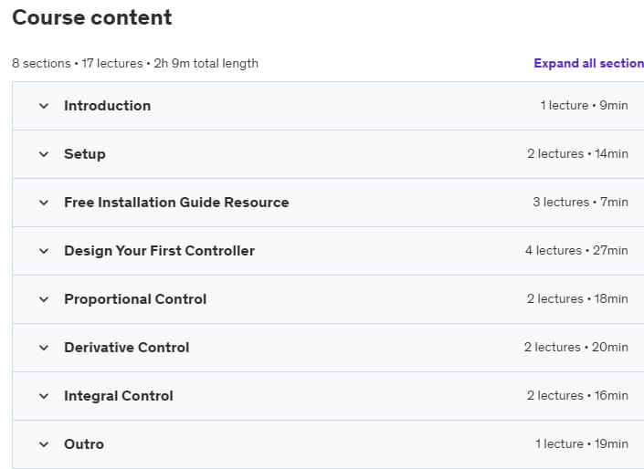 Course topics · Udemy — PID Controllers – Intro to Control Design 2019-10