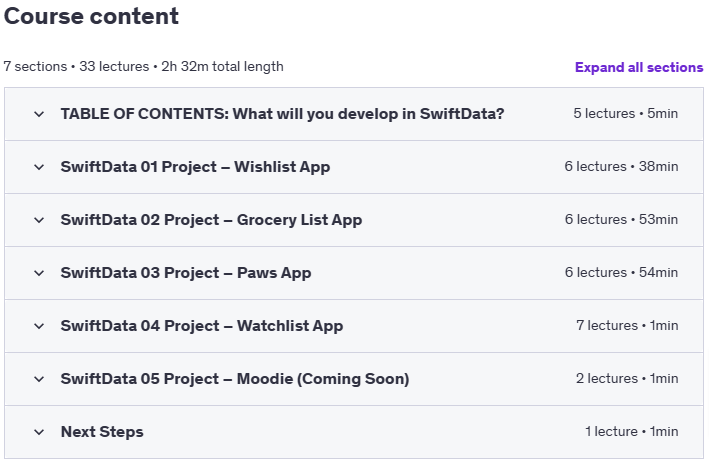Course topics · Udemy — SwiftData Masterclass 2025 – SwiftUI iOS 18 App Development 2025-1
