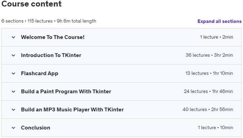 Course topics · Ultimate Tkinter Python GUI Masterclass 2020-3