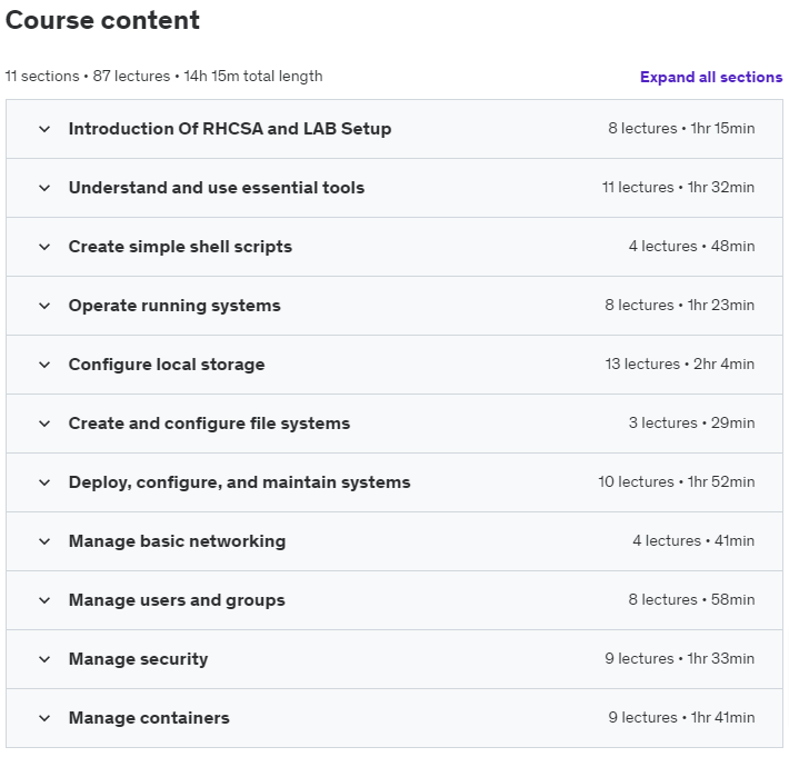 Course topics · Udemy — RHCSA – Red Hat Enterprise Linux Administration Training+LAB 2024-5