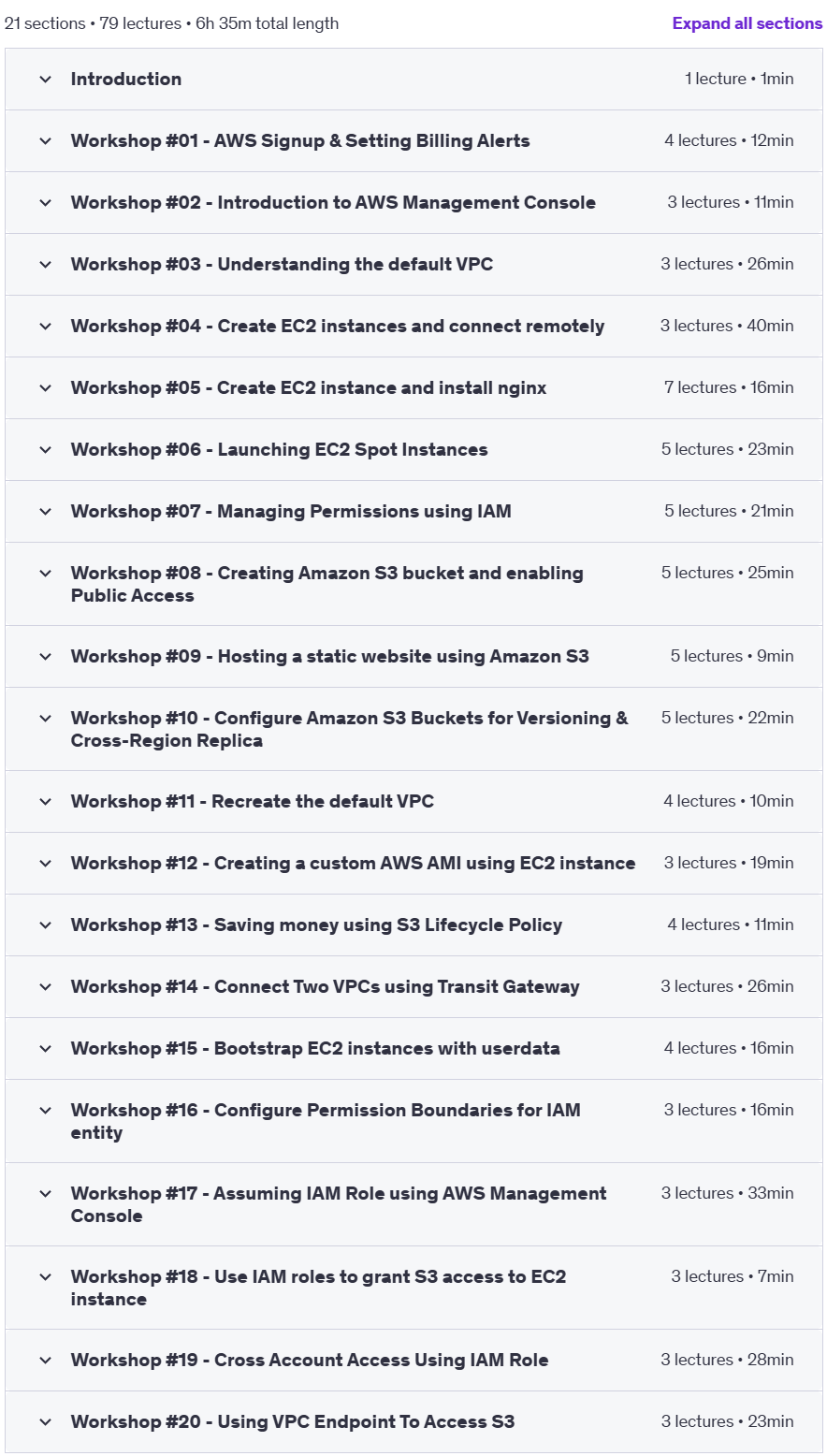 Course topics · Udemy — AWS Workshops – Hands-on Learning with Demos 2024-9