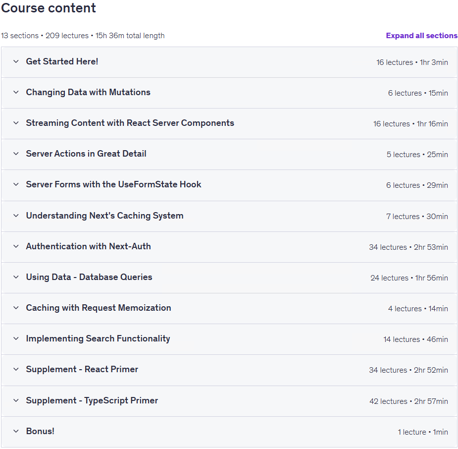 Course topics · Next JS: The Complete Developer’s Guide 2026-2