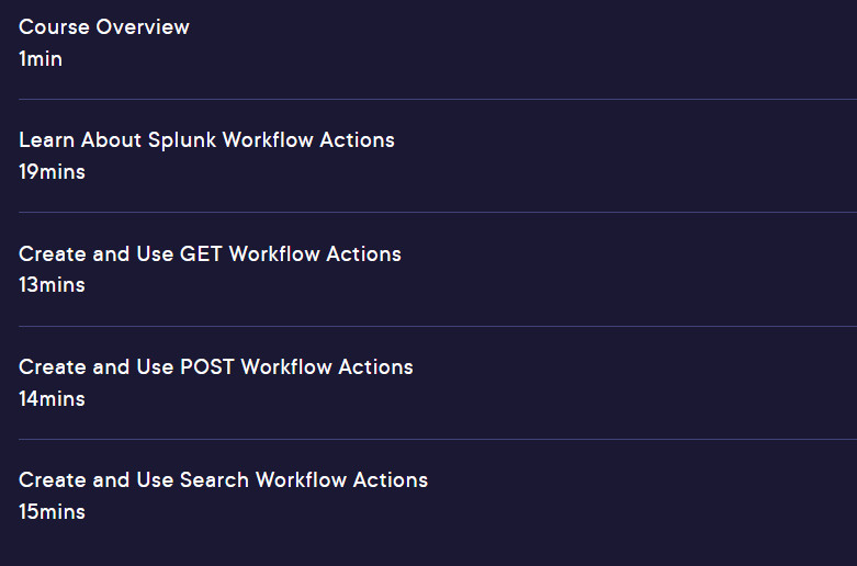 Course topics · Pluralsight — Splunk 9: Creating Workflow Actions 2024-10
