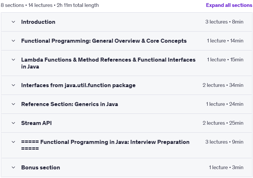 Course topics · Udemy — Functional Programming + Lambdas, Method References, Streams 2023-9