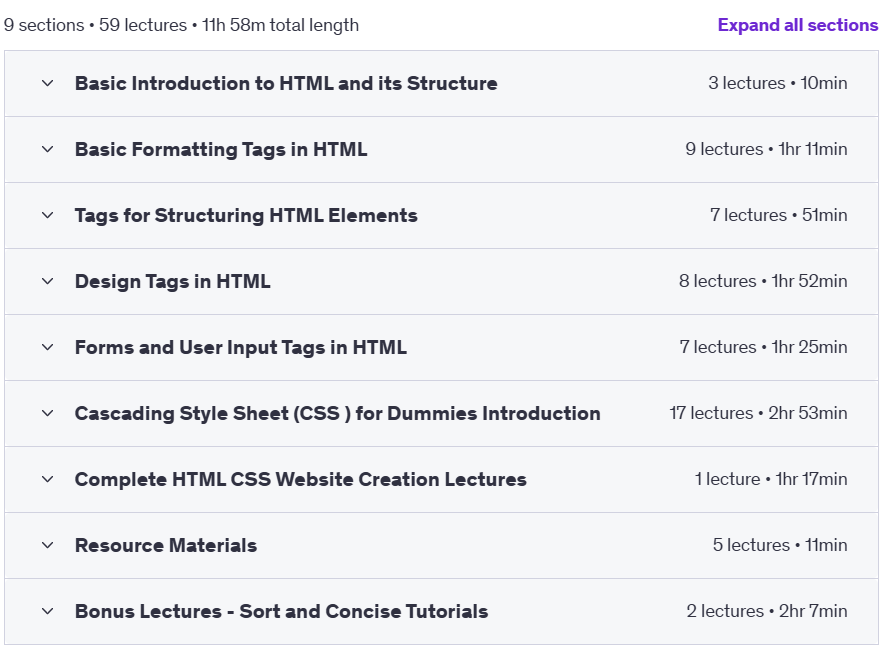 Course topics · Udemy — Master HTML and CSS Web Development for Dummies 2024-3