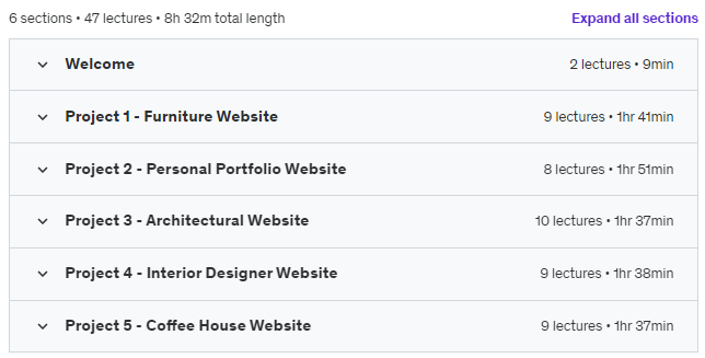 Course topics · Build 5 Responsive Websites with HTML, CSS, and JavaScript 2023-10