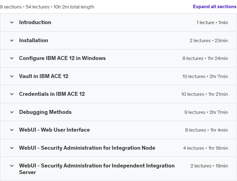 Course topics · Udemy — IBM App Connect Enterprise 12 (ACE) Administration 2024-7