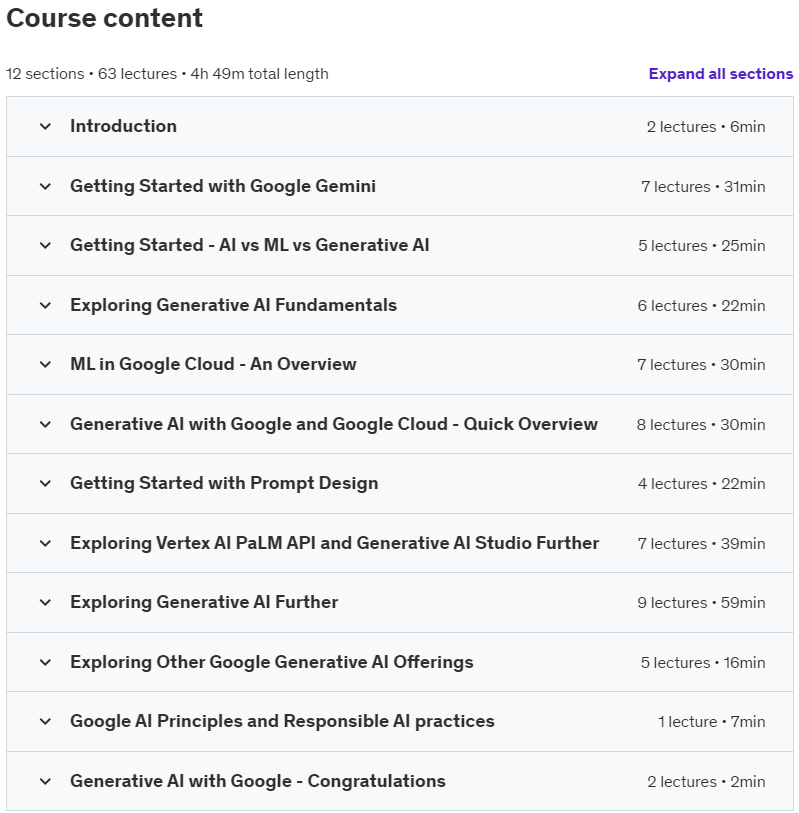 Course topics · Generative AI For Beginners – Google Gemini & Google Cloud 2023-8