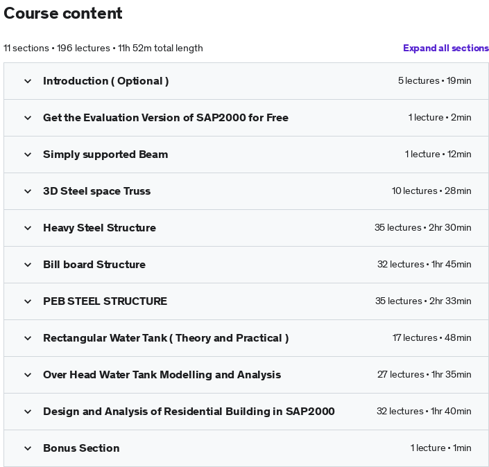 Course topics · Udemy — SAP2000 Professional Course : From Scratch to Pro 2020-11