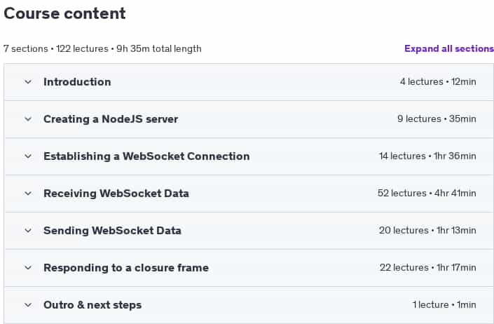 Course topics · Udemy — Build a WebSocket server with Node.js – no libraries 2025-1