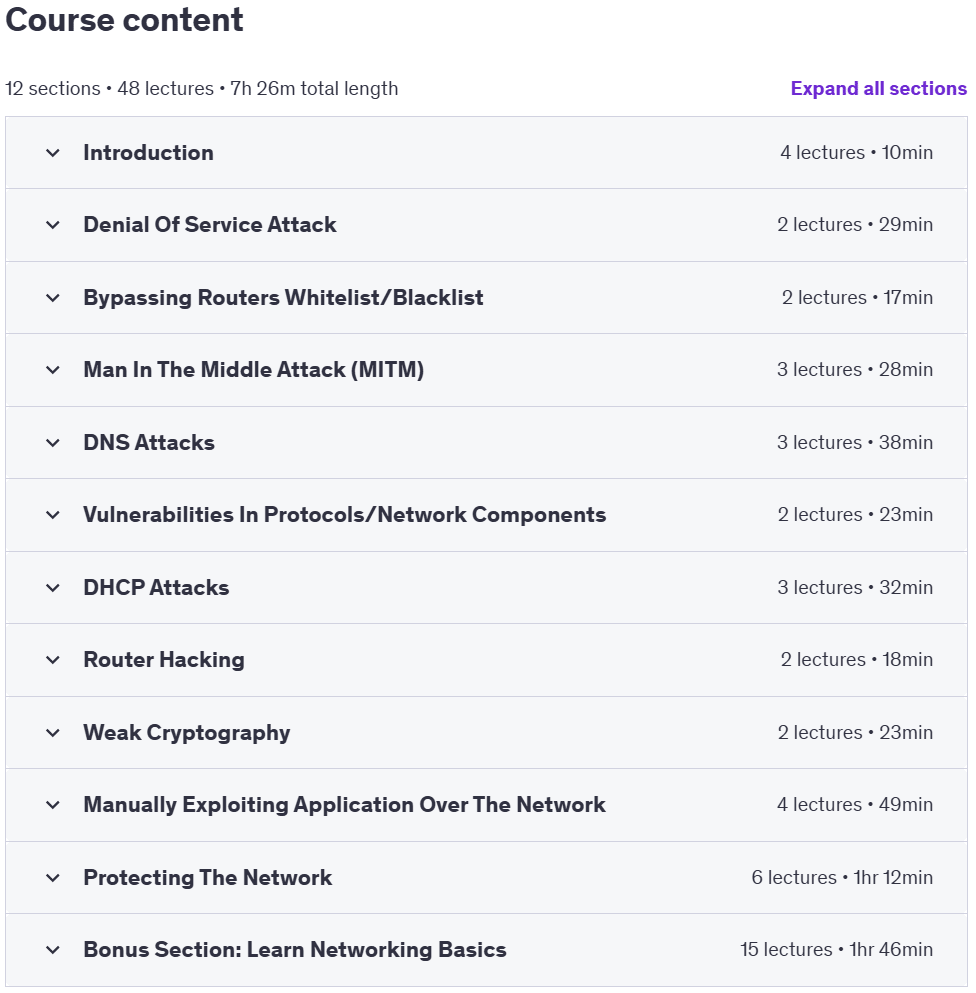 Course topics · Udemy — Learn Network Hacking in 2025: Attacking Network Components 2025-1