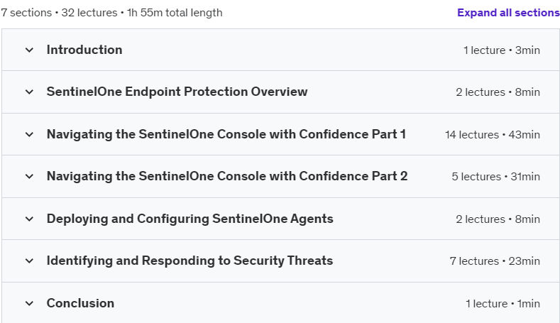 Course topics · Udemy — SentinelOne: Endpoint Protection for Beginners 2024-9