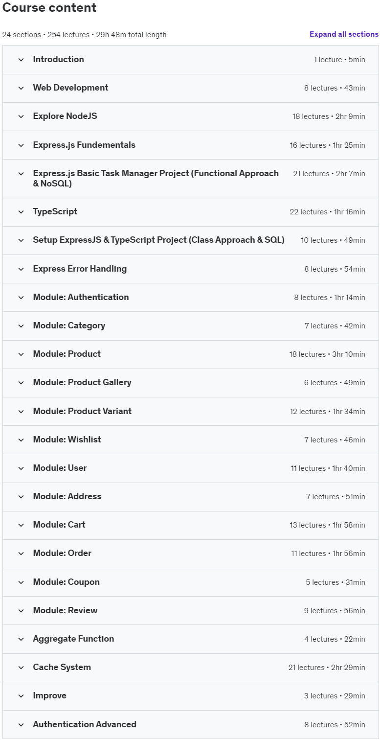 Course topics · NodeJS TypeScript – Build eCommerce Project (/w SQL, Prisma) 2024-8