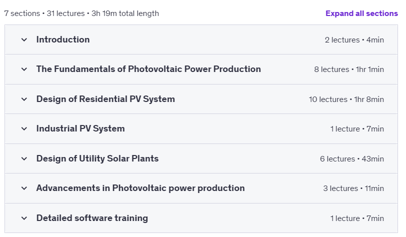 Course topics · Udemy — PV / Solar Power production – A Detailed Design Course 2024-3