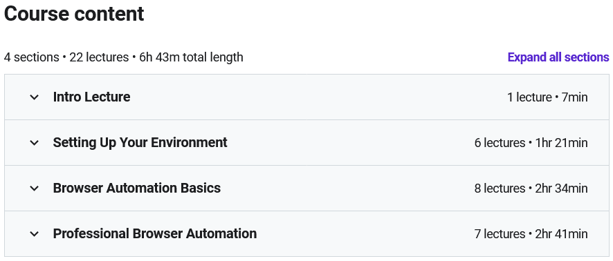 Course topics · Udemy — Elegant Browser Automation with Python and Selenium 2022-2
