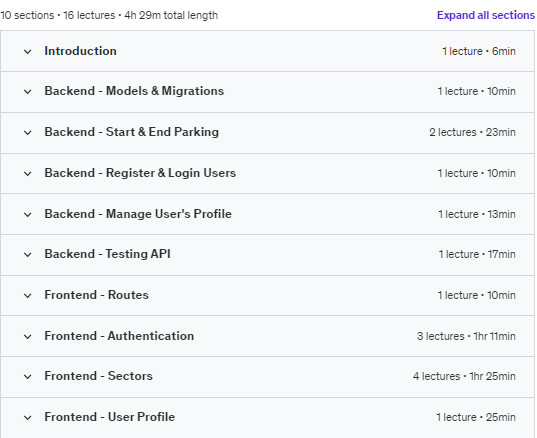 Course topics · Udemy — Building a React and Laravel Parking App 2023-10