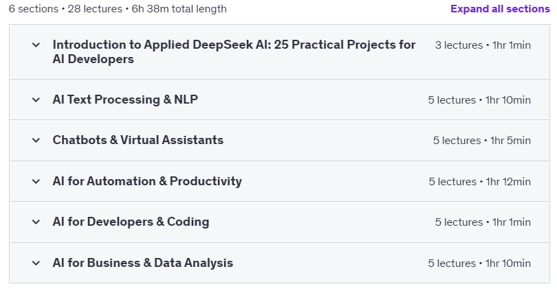 Course topics · Udemy — Applied DeepSeek AI: 25 Practical Projects for AI Developers 2025-2