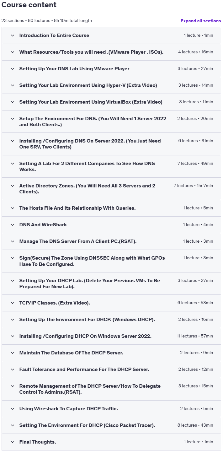 Course topics · DHCP/DNS On Windows Server 2022 100% LABS HANDS ON EXP. 2025-2