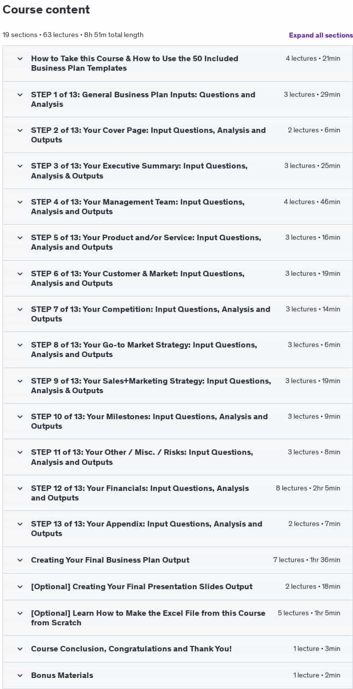 Course topics · The Complete Business Plan Course (Includes 50 Templates) 2024-12