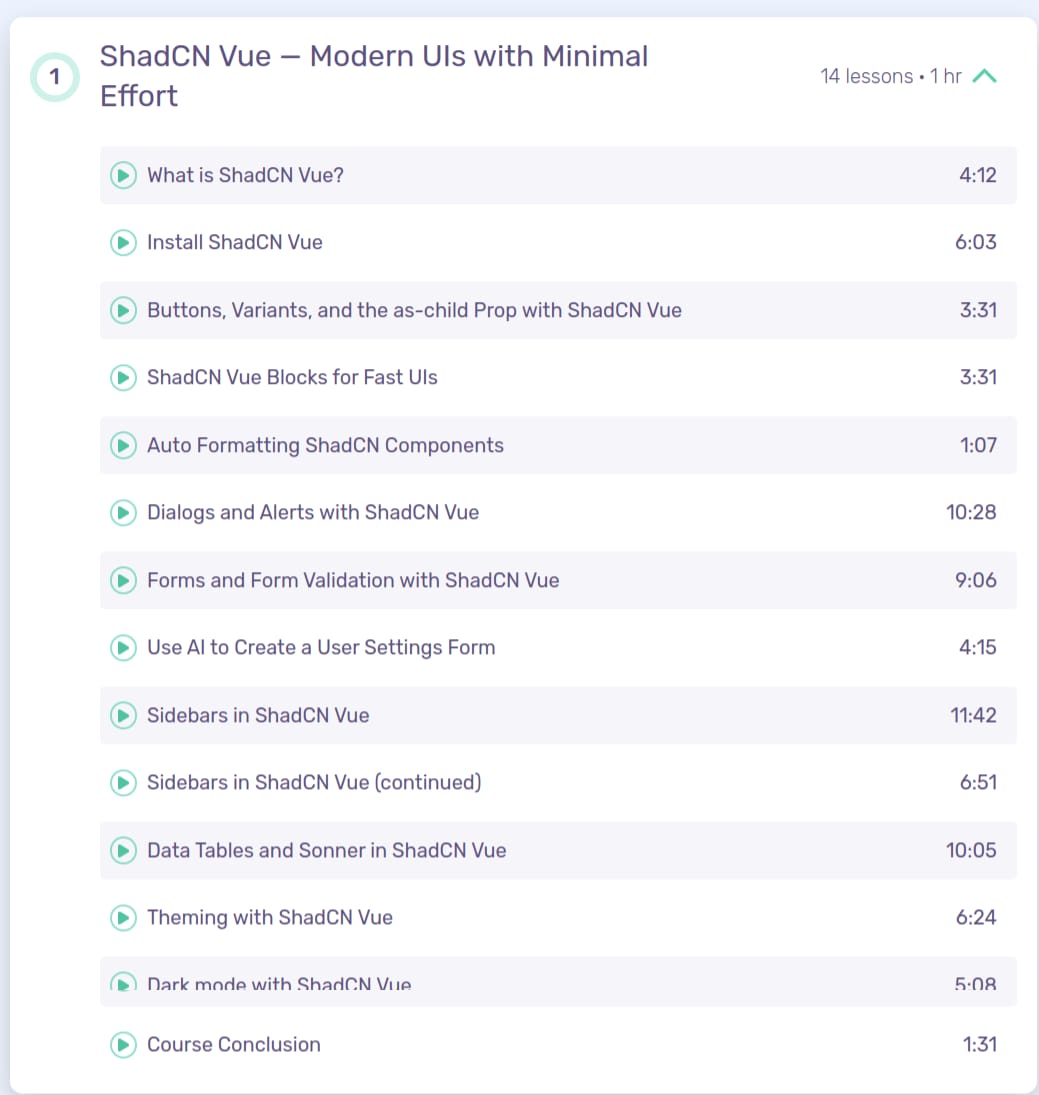 课程主题 · Vueschool - ShadCN Vue - 具有最小努力的现代UI 2025-8