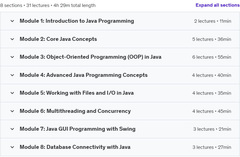 Course topics · Complete Java Programming Bootcamp: Learn to Code in Java 2024-9