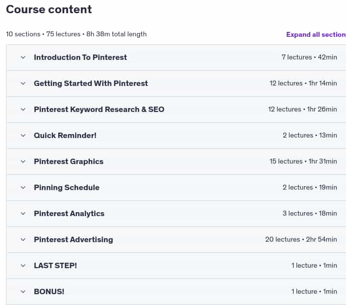 Course topics · Udemy — Pinterest Marketing & Advertising Beginner To Advanced 2025 2025-1