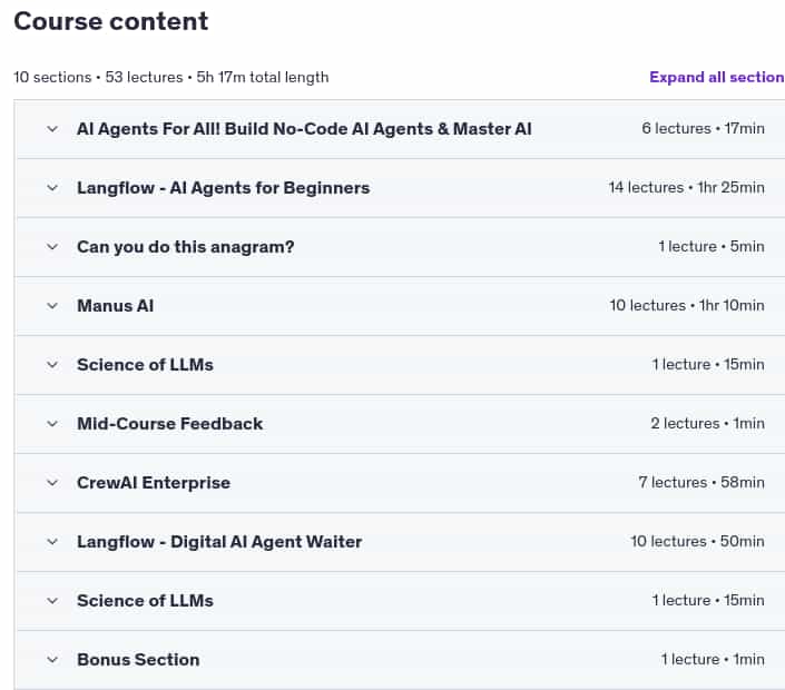 Course topics · AI Agents For All! Build No-Code AI Agents & Master AI 2025 2025-6