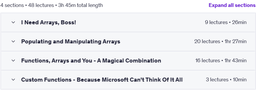 Course topics · Udemy — The Ultimate Excel VBA Arrays Course 2021-11