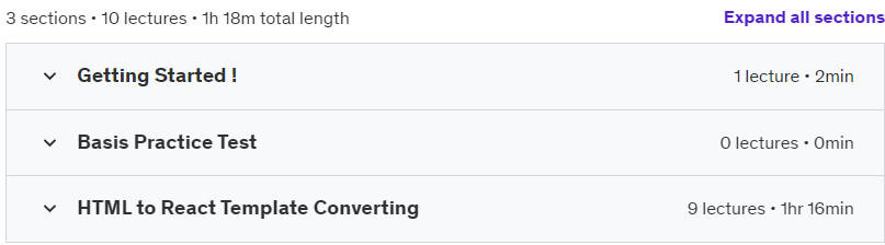 Course topics · HTML to React Template Convert: Full Complete Guided Project 2024-6