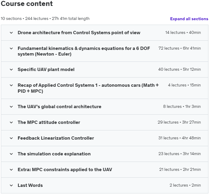 Course topics · Udemy — Applied Control Systems 3: UAV drone (3D Dynamics & control) 2022-8