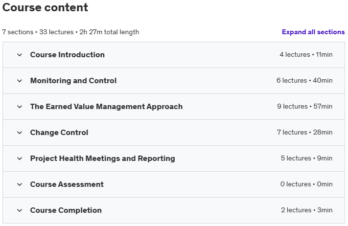 Course topics · Udemy — Project Management Course: Project Monitoring, Control & EVM 2021-6