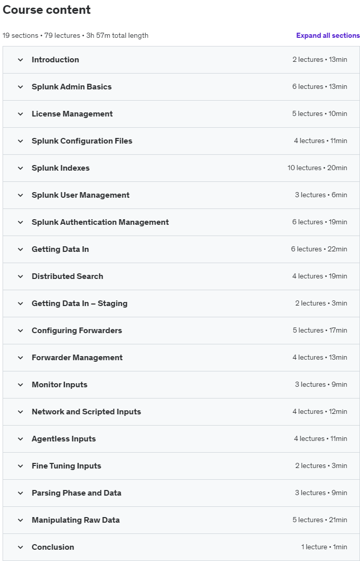 Course topics · Udemy — The Complete Splunk Enterprise Certified Admin Course 2020-1