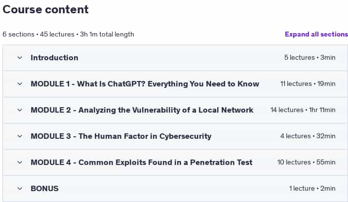 Course topics · Udemy — ChatGPT for Ethical Hackers and Penetration Testers 2025-2