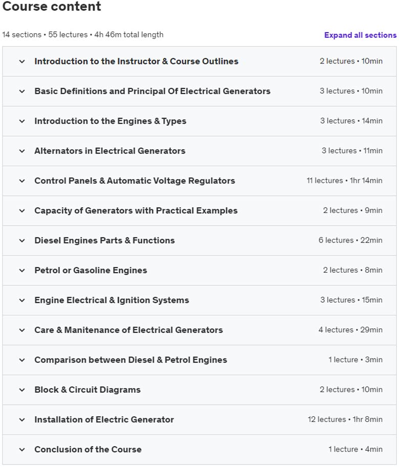 Course topics · Udemy — Electrical Generator Master Course: Basic to Expert Level 2023-7